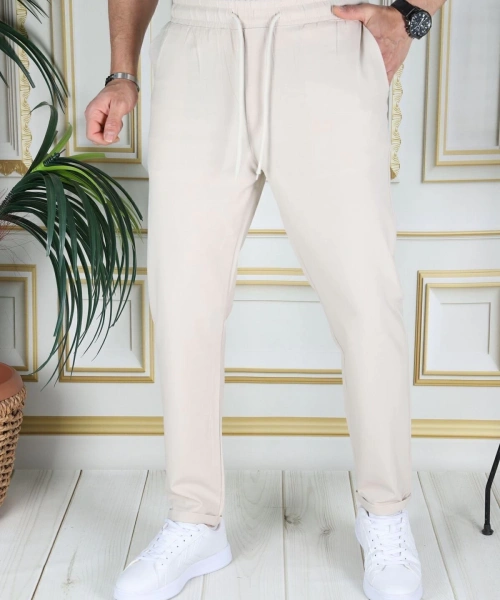 Erkek Bej Italyan Kesim Kaliteli Slim Fit Likralı Lastikli Bağcıklı Duble Paça Kumaş Pantolon Okul