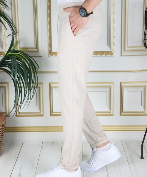 Erkek Bej Italyan Kesim Kaliteli Slim Fit Likralı Lastikli Bağcıklı Duble Paça Kumaş Pantolon Okul