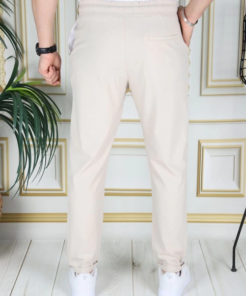 Erkek Bej Italyan Kesim Kaliteli Slim Fit Likralı Lastikli Bağcıklı Duble Paça Kumaş Pantolon Okul