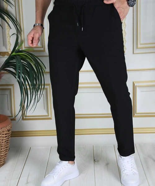 Erkek Siyah Italyan Kesim Kaliteli Esnek Slim Fit Likralı Lastikli Duble Paça Kumaş Pantolon Okul