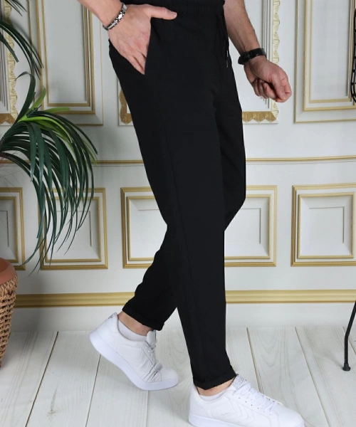 Erkek Siyah Italyan Kesim Kaliteli Esnek Slim Fit Likralı Lastikli Duble Paça Kumaş Pantolon Okul