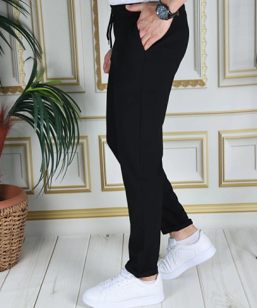Erkek Siyah Italyan Kesim Kaliteli Esnek Slim Fit Likralı Lastikli Duble Paça Kumaş Pantolon Okul