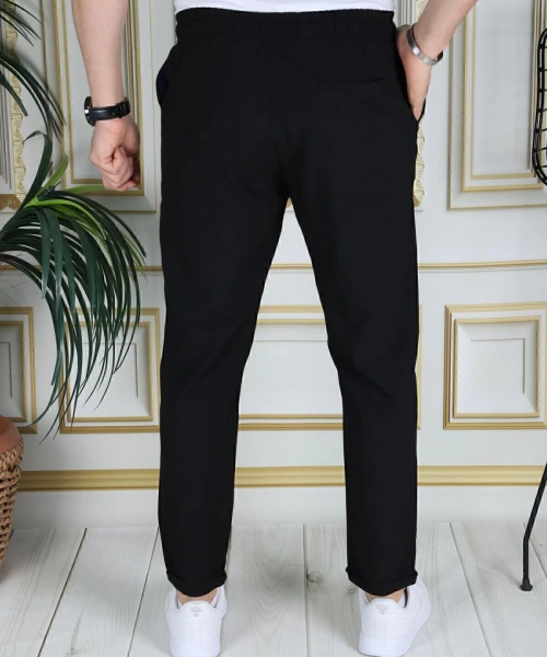 Erkek Siyah Italyan Kesim Kaliteli Esnek Slim Fit Likralı Lastikli Duble Paça Kumaş Pantolon Okul