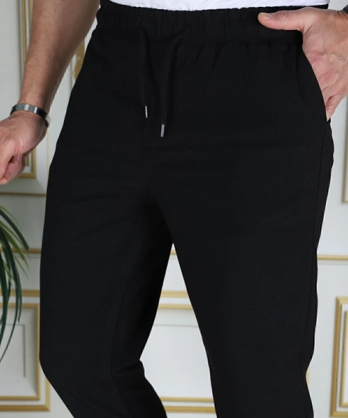 Erkek Siyah Italyan Kesim Kaliteli Esnek Slim Fit Likralı Lastikli Duble Paça Kumaş Pantolon Okul
