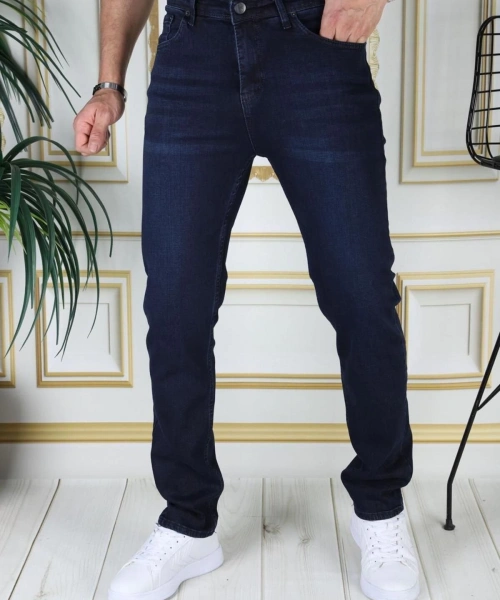 Erkek Koyu Mavi Renk Regular Fit Rahat Kesim Esnek Likralı Denim Jeans Şık Kot Pantolon