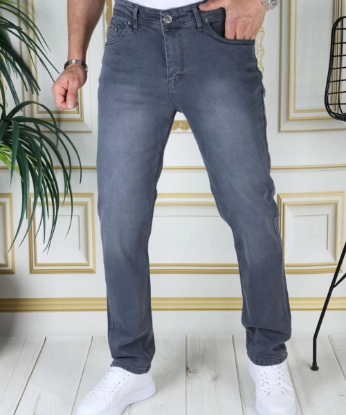 Erkek Gri Regular Fit Rahat Kesim Esnek Likralı Denim Jeans Şık Kot Pantolon
