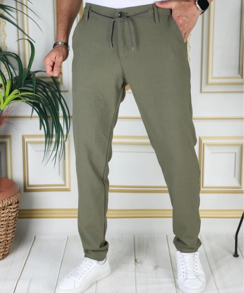 Erkek Haki Italyan Kesim Kaliteli Esnek Slim Fit Likralı Lastikli Şık Koton Kumaş Pantolon Okul