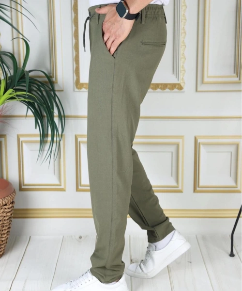 Erkek Haki Italyan Kesim Kaliteli Esnek Slim Fit Likralı Lastikli Şık Koton Kumaş Pantolon Okul