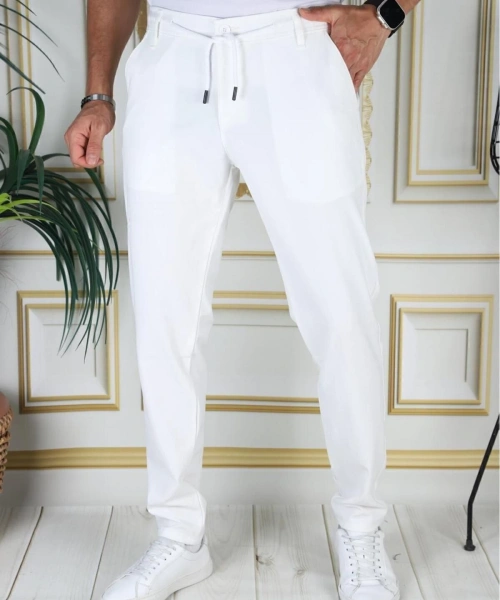 Erkek Beyaz Italyan Kesim Esnek Slim Fit Likralı Lastikli Şık Koton Kumaş Pantolon Okul Hemşire