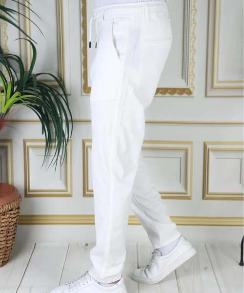 Erkek Beyaz Italyan Kesim Esnek Slim Fit Likralı Lastikli Şık Koton Kumaş Pantolon Okul Hemşire