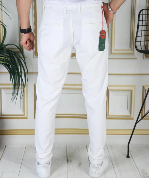 Erkek Beyaz Italyan Kesim Esnek Slim Fit Likralı Lastikli Şık Koton Kumaş Pantolon Okul Hemşire