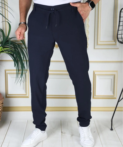 Erkek Lacivert Italyan Kesim Kaliteli Slim Fit Likralı Lastikli Şık Koton Kumaş Pantolon Okul