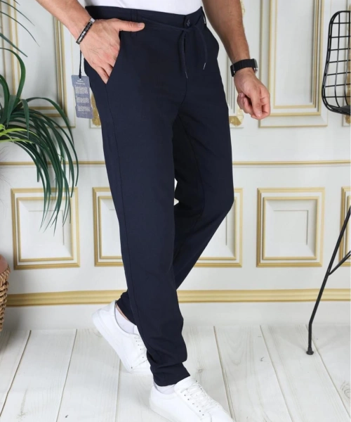 Erkek Lacivert Italyan Kesim Kaliteli Slim Fit Likralı Lastikli Şık Koton Kumaş Pantolon Okul