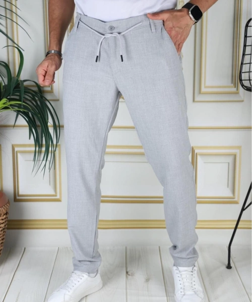 Erkek Açık Gri Italyan Kesim Kaliteli Slim Fit Likralı Lastikli Şık Koton Kumaş Pantolon Okul