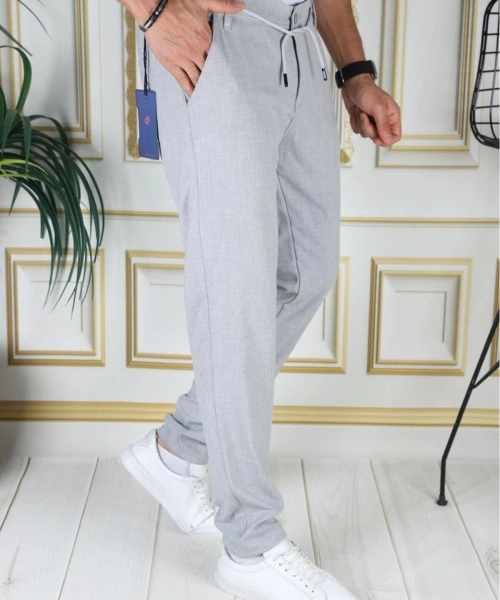 Erkek Açık Gri Italyan Kesim Kaliteli Slim Fit Likralı Lastikli Şık Koton Kumaş Pantolon Okul