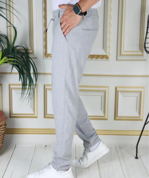 Erkek Açık Gri Italyan Kesim Kaliteli Slim Fit Likralı Lastikli Şık Koton Kumaş Pantolon Okul