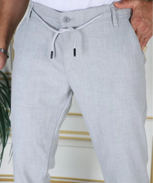 Erkek Açık Gri Italyan Kesim Kaliteli Slim Fit Likralı Lastikli Şık Koton Kumaş Pantolon Okul