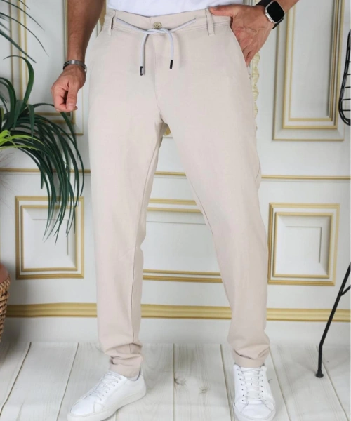 Erkek Bej Italyan Kesim Kaliteli Esnek Slim Fit Likralı Lastikli Ipli Şık Koton Kumaş Pantolon Okul