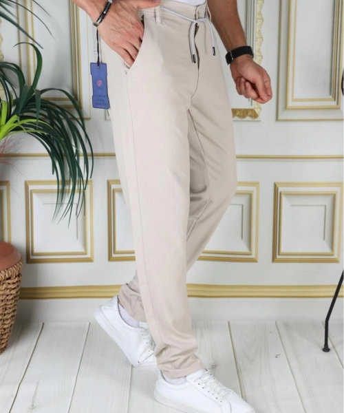 Erkek Bej Italyan Kesim Kaliteli Esnek Slim Fit Likralı Lastikli Ipli Şık Koton Kumaş Pantolon Okul