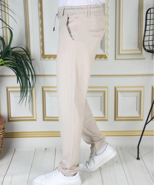 Erkek Bej Italyan Kesim Kaliteli Esnek Slim Fit Likralı Lastikli Ipli Şık Koton Kumaş Pantolon Okul