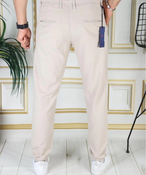 Erkek Bej Italyan Kesim Kaliteli Esnek Slim Fit Likralı Lastikli Ipli Şık Koton Kumaş Pantolon Okul