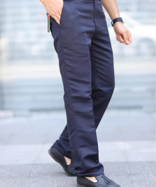 Klasik Kesim Lacivert Mevsimlik Yan Cepli Keten Poliviskon Kumaş Baba Pantolonu Kumaş Pantolon