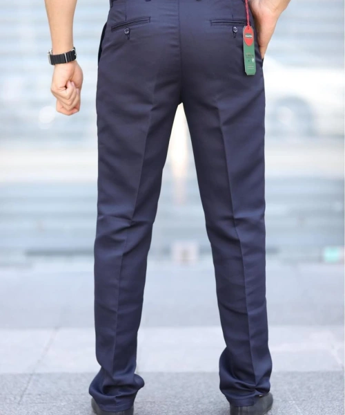 Klasik Kesim Lacivert Mevsimlik Yan Cepli Keten Poliviskon Kumaş Baba Pantolonu Kumaş Pantolon