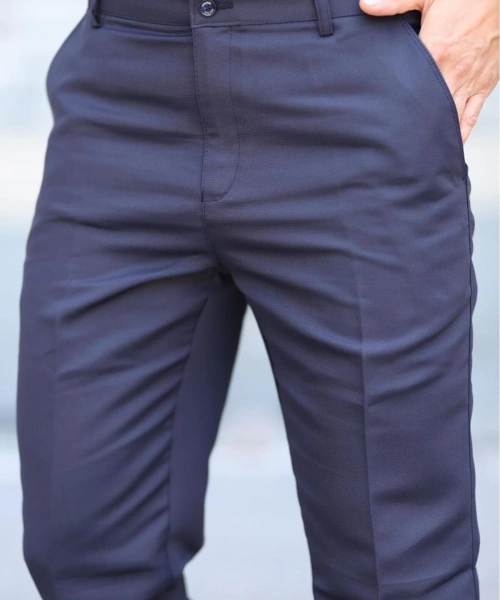 Klasik Kesim Lacivert Mevsimlik Yan Cepli Keten Poliviskon Kumaş Baba Pantolonu Kumaş Pantolon