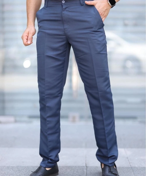 Klasik Kesim Indigo Mavi Mevsimlik Yan Cepli Keten Poliviskon Kumaş Baba Pantolonu Kumaş Pantolon