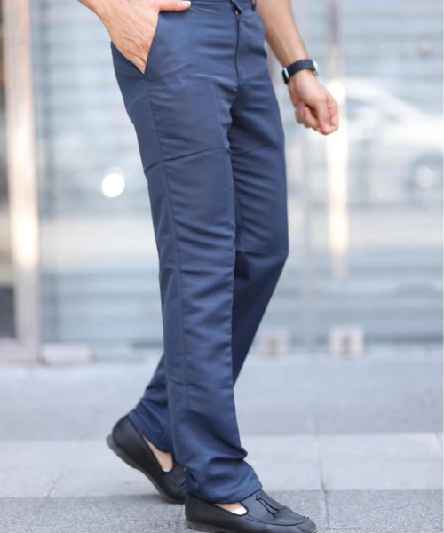 Klasik Kesim Indigo Mavi Mevsimlik Yan Cepli Keten Poliviskon Kumaş Baba Pantolonu Kumaş Pantolon