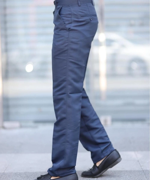 Klasik Kesim Indigo Mavi Mevsimlik Yan Cepli Keten Poliviskon Kumaş Baba Pantolonu Kumaş Pantolon