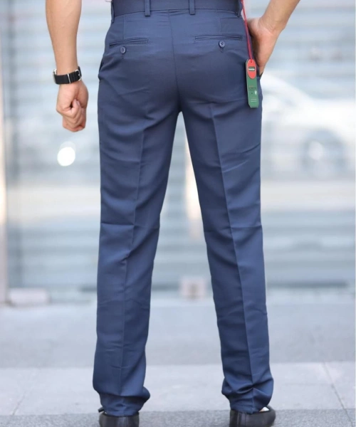 Klasik Kesim Indigo Mavi Mevsimlik Yan Cepli Keten Poliviskon Kumaş Baba Pantolonu Kumaş Pantolon