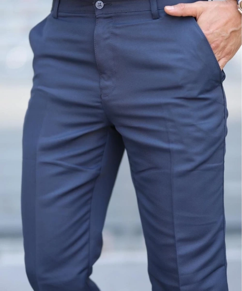 Klasik Kesim Indigo Mavi Mevsimlik Yan Cepli Keten Poliviskon Kumaş Baba Pantolonu Kumaş Pantolon