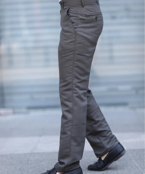 Klasik Kesim Haki Renk Mevsimlik Yan Cepli Keten Poliviskon Kumaş Baba Pantolonu Kumaş Pantolon