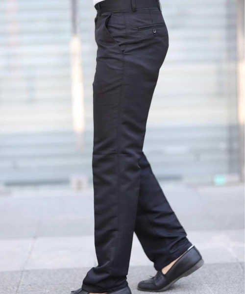 Klasik Kesim Siyah Mevsimlik Yan Cepli Keten Poliviskon Kumaş Baba Pantolonu Kumaş Pantolon