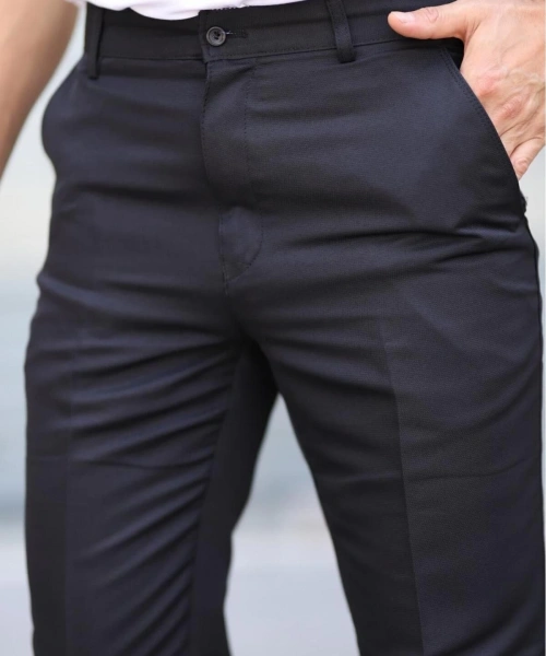 Klasik Kesim Siyah Mevsimlik Yan Cepli Keten Poliviskon Kumaş Baba Pantolonu Kumaş Pantolon