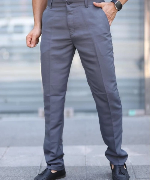 Klasik Kesim Gri Renk Mevsimlik Yan Cepli Keten Poliviskon Kumaş Baba Pantolonu Kumaş Pantolon