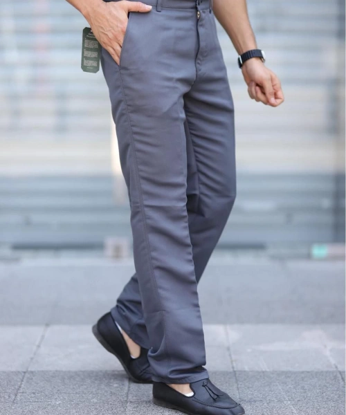 Klasik Kesim Gri Renk Mevsimlik Yan Cepli Keten Poliviskon Kumaş Baba Pantolonu Kumaş Pantolon