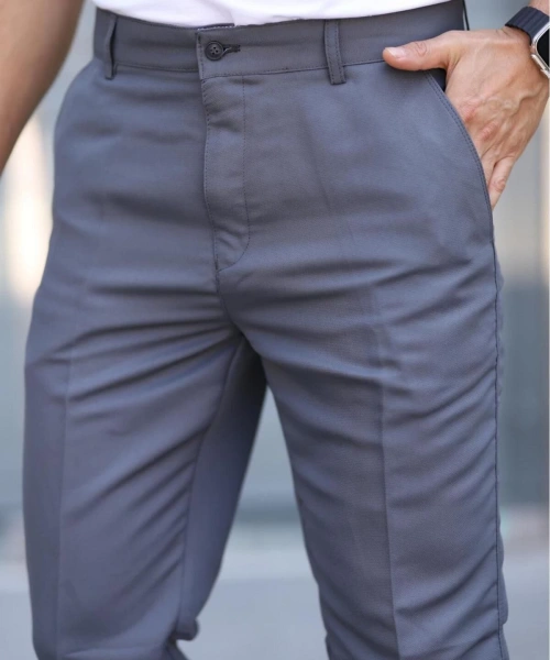 Klasik Kesim Gri Renk Mevsimlik Yan Cepli Keten Poliviskon Kumaş Baba Pantolonu Kumaş Pantolon