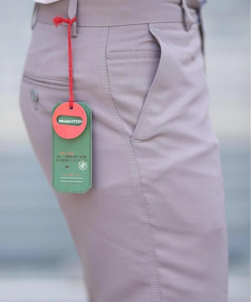 Klasik Kesim Bej Renk Mevsimlik Yan Cepli Keten Poliviskon Kumaş Baba Pantolonu Kumaş Pantolon