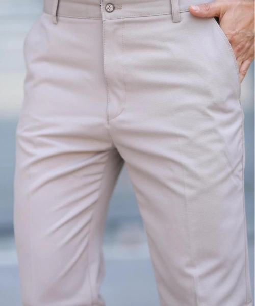 Klasik Kesim Kemik Rengi Mevsimlik Yan Cepli Keten Poliviskon Kumaş Baba Pantolonu Kumaş Pantolon