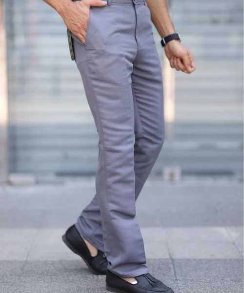 Klasik Kesim Açık Gri Mevsimlik Yan Cepli Keten Poliviskon Kumaş Baba Pantolonu Kumaş Pantolon
