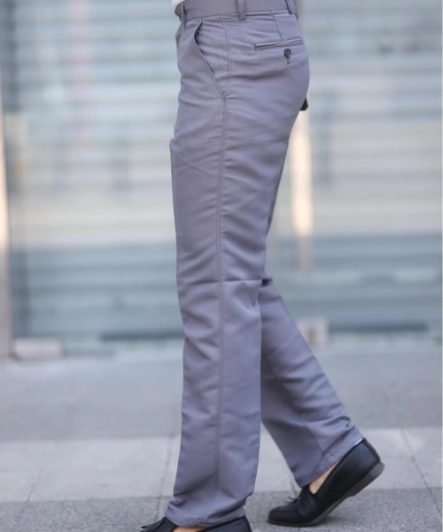 Klasik Kesim Açık Gri Mevsimlik Yan Cepli Keten Poliviskon Kumaş Baba Pantolonu Kumaş Pantolon