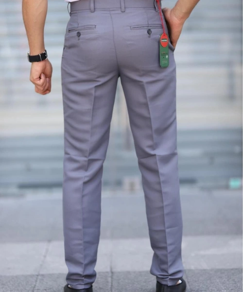 Klasik Kesim Açık Gri Mevsimlik Yan Cepli Keten Poliviskon Kumaş Baba Pantolonu Kumaş Pantolon