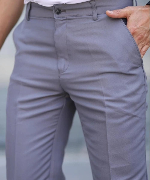 Klasik Kesim Açık Gri Mevsimlik Yan Cepli Keten Poliviskon Kumaş Baba Pantolonu Kumaş Pantolon