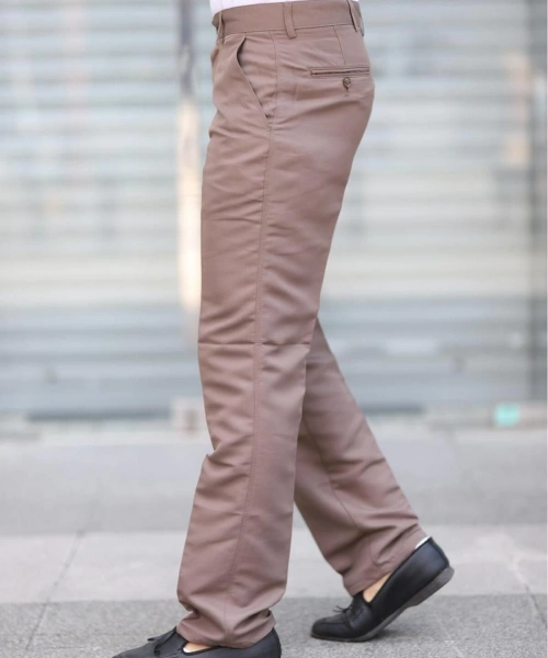 Klasik Kesim Sütlü Kahve Mevsimlik Yan Cepli Keten Poliviskon Kumaş Baba Pantolonu Kumaş Pantolon