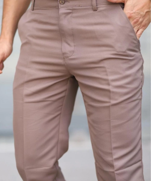 Klasik Kesim Sütlü Kahve Mevsimlik Yan Cepli Keten Poliviskon Kumaş Baba Pantolonu Kumaş Pantolon