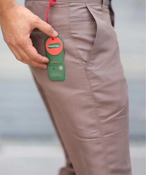 Klasik Kesim Sütlü Kahve Mevsimlik Yan Cepli Keten Poliviskon Kumaş Baba Pantolonu Kumaş Pantolon