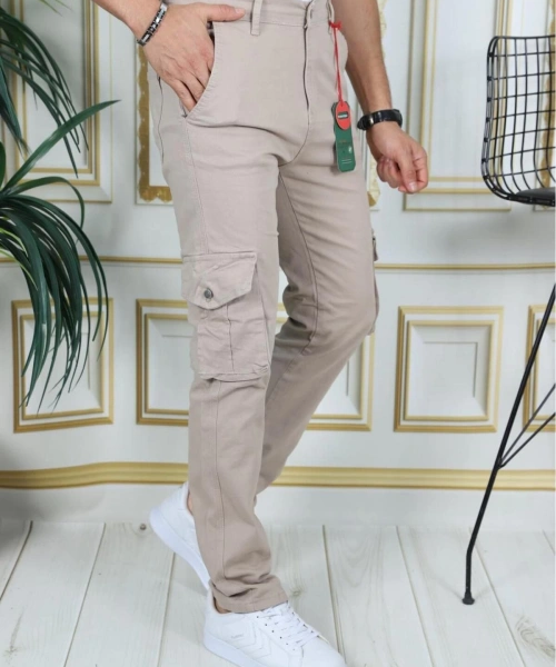Erkek Bej Likralı Kargo Pantolon Esnek Gabardin/Kanvas Körüklü Cep Komando Kargo Cep Şık Pantolon