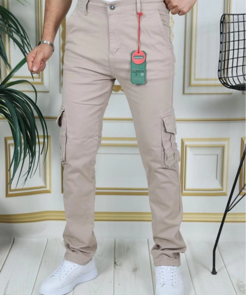 Erkek Bej Likralı Kargo Pantolon Esnek Gabardin/Kanvas Körüklü Cep Komando Kargo Cep Şık Pantolon